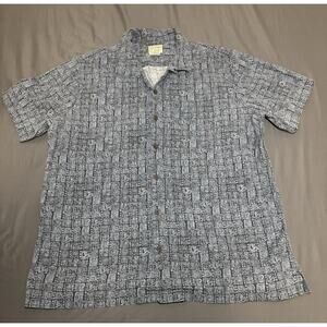 LL Bean Men’s XL-Reg Blue Black Hawaiian Shirt Tiki Print Short Sleeve